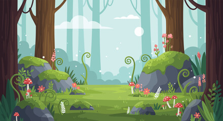 Obraz premium Beautiful fantasy forest landscape with mossy rocks, red mushrooms, and glowing magical light among tall trees in a detailed pixel art style.
