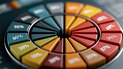 Obraz premium A colorful 3D pie chart with percentage labels illustrating data distribution in a circular, segmented design on a dark background.