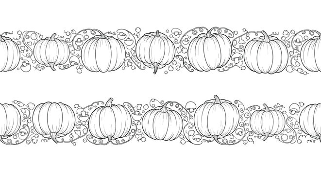 Two seamless horizontal border patterns of hand drawn outline pumpkins with leaves and mushrooms on white.