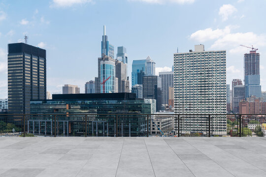 Skyscrapers Cityscape Downtown, Philladelphia Skyline Buildings. Beautiful Real Estate. Day time. Empty rooftop View. Success concept.