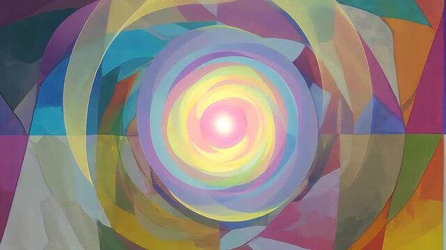 A vibrant abstract composition featuring geometric shapes and flowing colorful waves