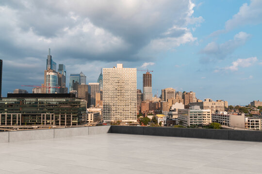 Skyscrapers Cityscape Downtown, Philladelphia Skyline Buildings. Beautiful Real Estate. Day time. Empty rooftop View. Success concept.