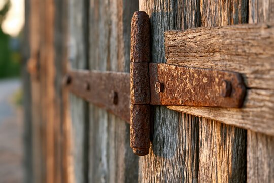 Close-up of an old, rusty metal hinge attached to weathered wooden planks with textured grain.
