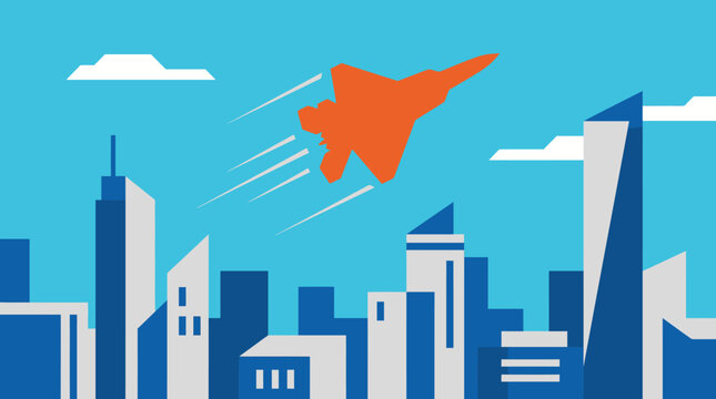 Orange fighter jet soaring over a modern blue city skyline