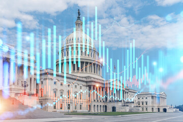 Fototapeta premium Skyscrapers Cityscape Downtown View, Washington Skyline Buildings. Beautiful Real Estate. Day time. Forex Financial graph and chart hologram. Business education concept.