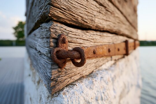 Close-up of weathered wooden beams joined by a rusty metal hinge, with a blurred water background.