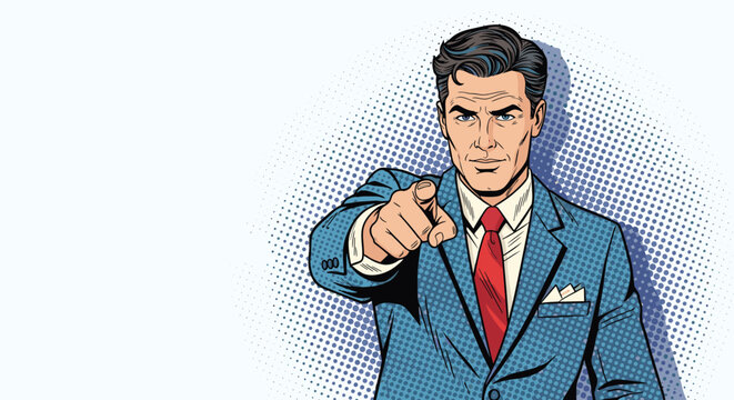 Handsome man in a blue business suit and red tie pointing his finger directly at the camera in a retro pop art comic style illustration.