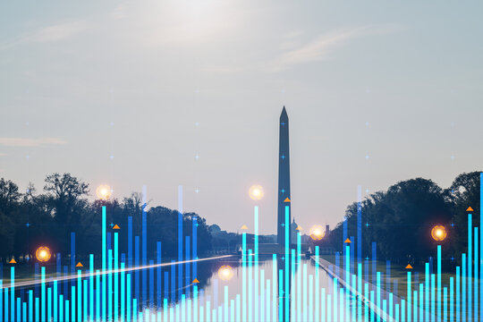 Skyscrapers Cityscape Downtown View, Washington Skyline Buildings. Beautiful Real Estate. Sunrise. Forex Financial graph and chart hologram. Business education concept.