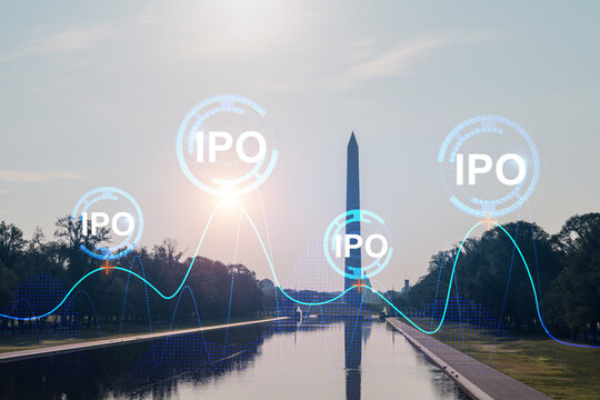 Skyscrapers Cityscape Downtown View, Washington Skyline Buildings. Beautiful Real Estate. Sunrise. IPO hologram. Business education initial primary offering concept.