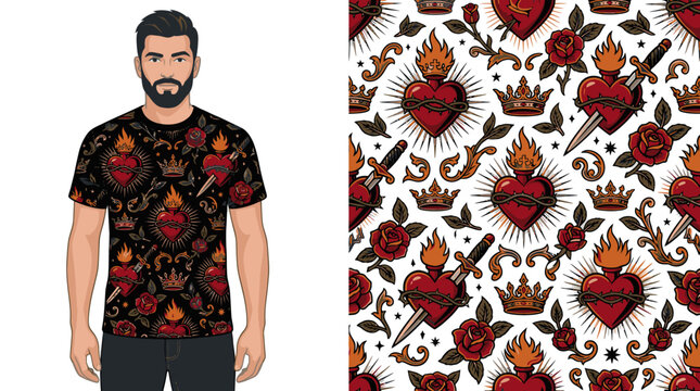 Man in sacred heart traditional tattoo style pattern shirt.