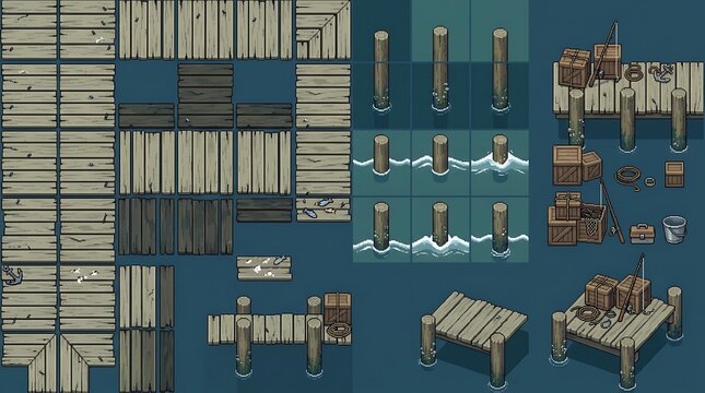Pixel art wooden pier tileset for a top down game