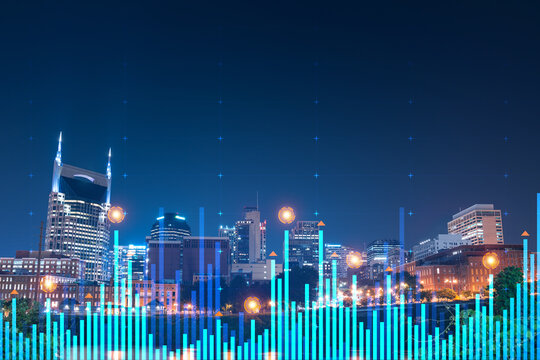 Skyscrapers Cityscape Downtown View, Nashville Skyline Buildings. Beautiful Real Estate. Night time. Forex Financial graph and chart hologram. Business education concept.