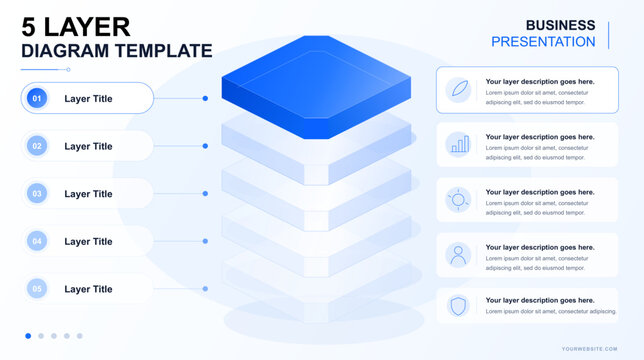 5 layer stack diagram template with space for text - modern business technology slide infographic template for corporate presentations. Vector illustration Template
