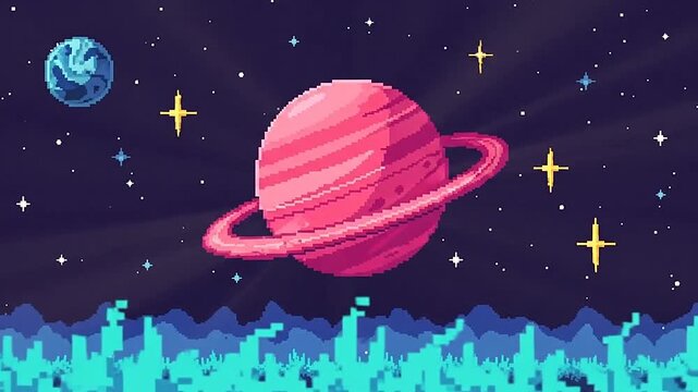A pixel art illustration of a ringed planet floating in deep space
