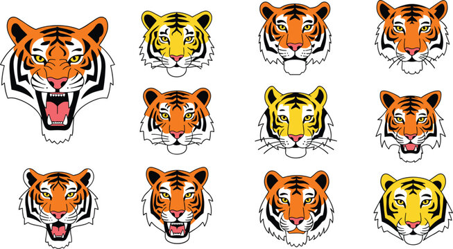 Tiger Head Mascot and Wildlife Face Vector Set Isolated on White Background