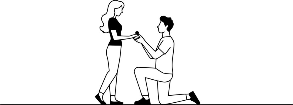 Couple in minimalist line with man kneeling proposing marriage with ring to woman proposal