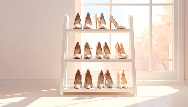 Collection of Elegant Womens High Heels on a White Shoe Rack.