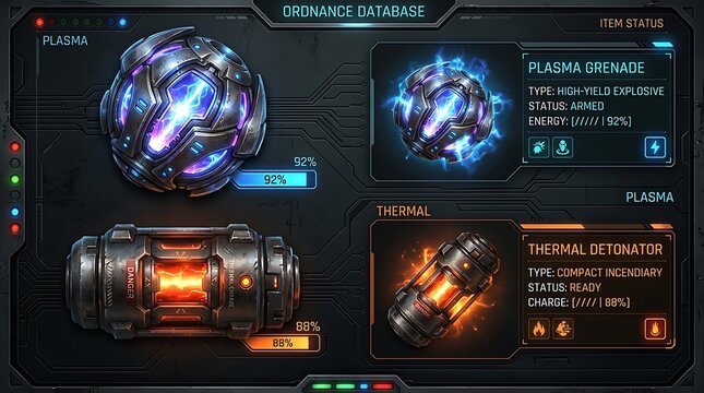 Futuristic plasma grenade and thermal detonator display on digital interface screen