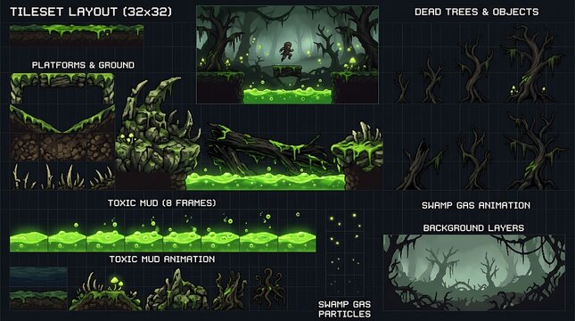 Detailed dark swamp environment tileset for a side scrolling game