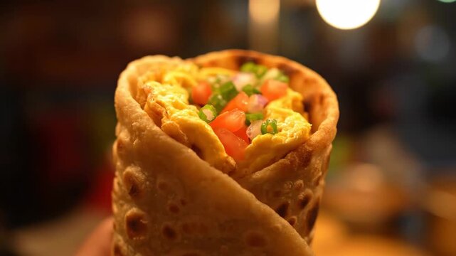 Delicious close-up of a handheld Indian street food Egg Kathi Roll, filled with scrambled egg, fresh tomatoes, and green onions, against a dark, warm bokeh background.