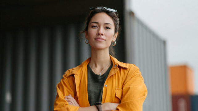 Female logistics supervisor asian woman warehouse manager container yard outdoor portrait confident pose orange jacket standing