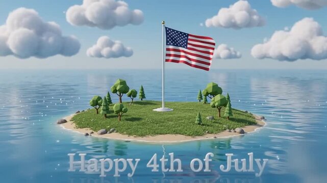 Stylized 3D patriotic island scene with a single American flag, soft clouds, and gentle ocean sparkle