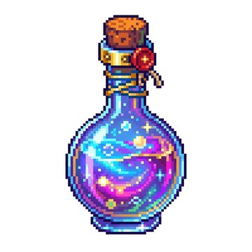 Magical pixel art glass potion bottle containing a swirling colorful galaxy liquid on white background