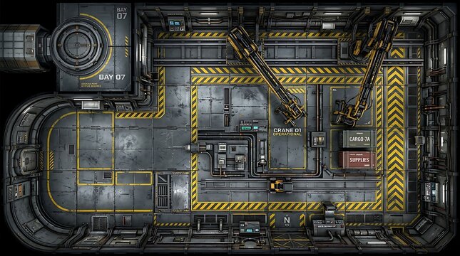 Top down view of a futuristic cargo bay industrial facility