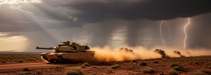 Obraz premium Military tank convoy moving across desert landscape under dramatic storm clouds with lightning. Armed armored vehicle column engaged in tactical maneuver during heavy weather conflict