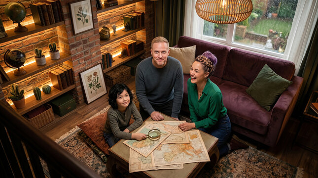 A family of three gathers at home to plan a trip, looking at vintage maps with a magnifying glass in a cozy, retro-styled living room.