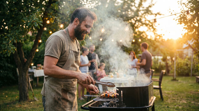 Smiling bearded man in apron, with smoke rising from grill, cooking meat skewers on barbecue, backyard garden evening party with friends, culinary lifestyle photography