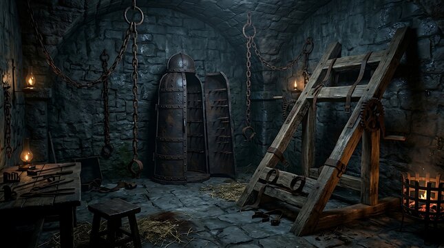 Medieval torture dungeon chamber featuring iron maiden and wooden stretching rack