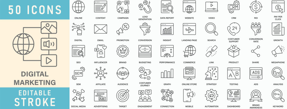 Digital Marketing icon collection set. Editable stroke. Vector illustration.
