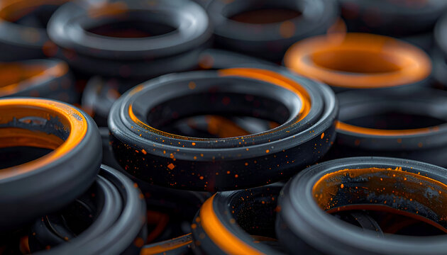 Close-up Macro Shot of Industrial Rubber O-Rings with Orange Accents.