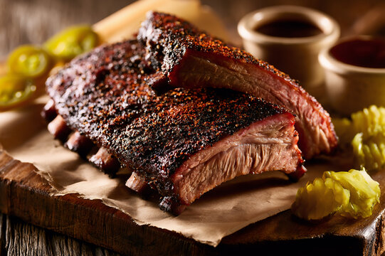 Classic Texas barbecue smoked pork ribs platter with dry rub bark and pickles