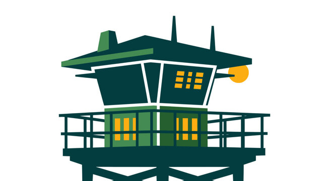 Illustrated Coastal Control Tower Structure with Lights On.