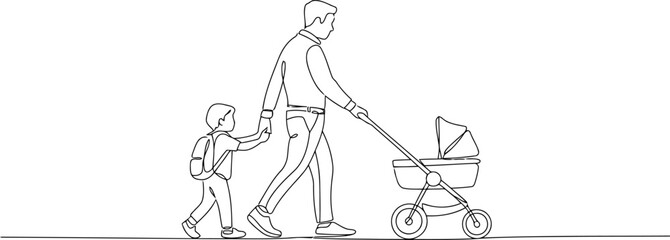 Fototapeta premium Father and son walking together with a baby stroller in continuous line style