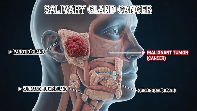 3D Medical Illustration of Salivary Gland Cancer, Highlighting Malignant Tumor in Parotid Gland with Labeled Salivary Glands (Parotid, Submandibular, Sublingual)