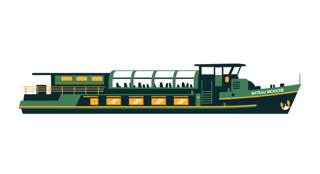 Detailed Illustration of Large Passenger Barge Boat Side View.