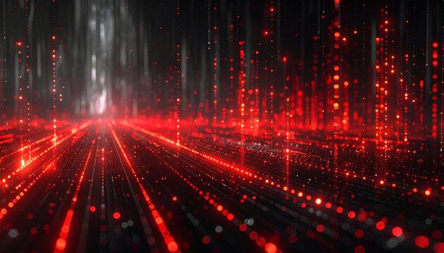 Abstract Red Digital Cityscape with Glowing Lines and Particles.