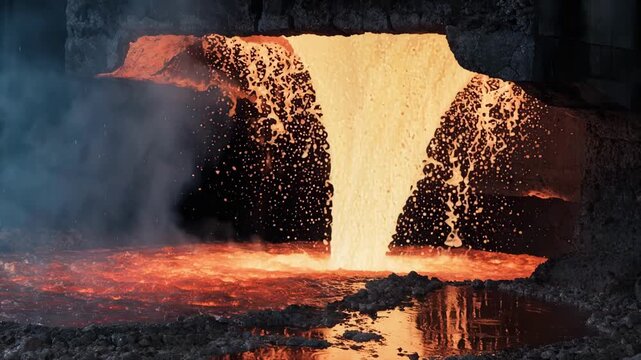 Closeup medium view highlighting the intense slag tapping process within a flash smelting furnace showcasing molten slag flow against refractorylined furnace walls brimming
