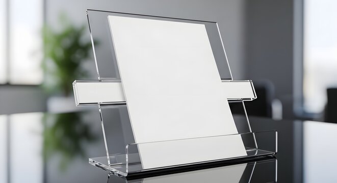 Clear acrylic document holder with blank white paper on a reflective dark desk in a modern office setting.