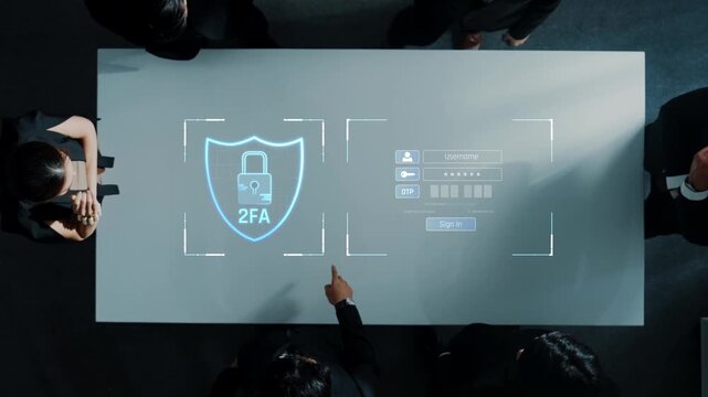 A business team gathers around a modern conference table, collaborating on cybersecurity strategies featuring a digital display for two-factor authentication. Raster