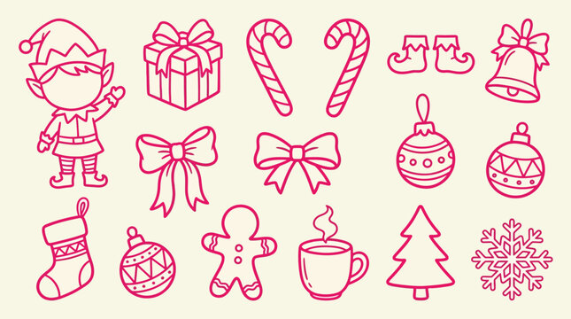 Collection of Christmas Icons and Symbols in a Simple Line Art Style.