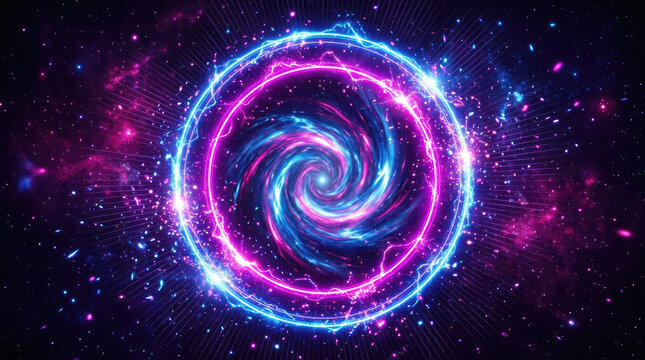 Abstract glowing purple and blue space nebula portal swirl.