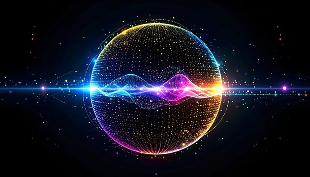 Glowing orb with waveform, bokeh, and light streaks against dark background