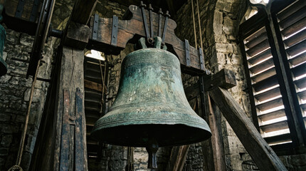 Obraz premium Ancient bronze church bell in dark wooden belfry tower.