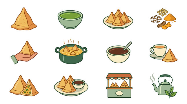 Assorted samosas with dipping sauces and tea