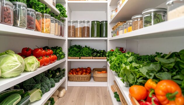 A beautifully organized vegetable storage pantry filled with fresh produce