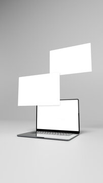Three laptop screens for mockup. Floating displays in vertical perspective. Blank template for place your web page design, posts, stories. Ready for mock up. 3D Rendering High resolution 8k.